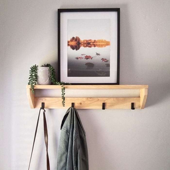Medium Cypress Wood Shelf with Coat Hooks - 5