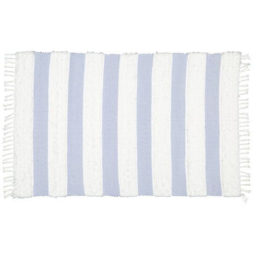 Dhurrie Fluffy Bands Blue and White Mat - KNUS