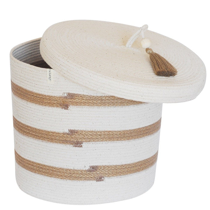 Lidded Cylinder Basket - Ivory & Jute Stripes - 2