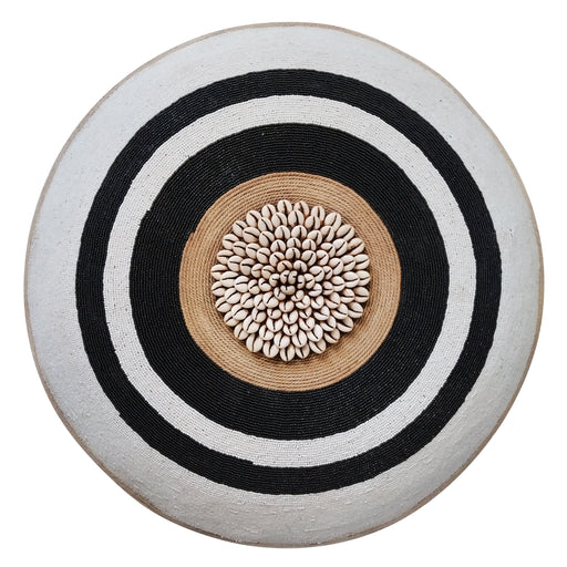 Beaded Shield - White With Black Rings, Manilla and Cowrie Center African Shield - KNUS